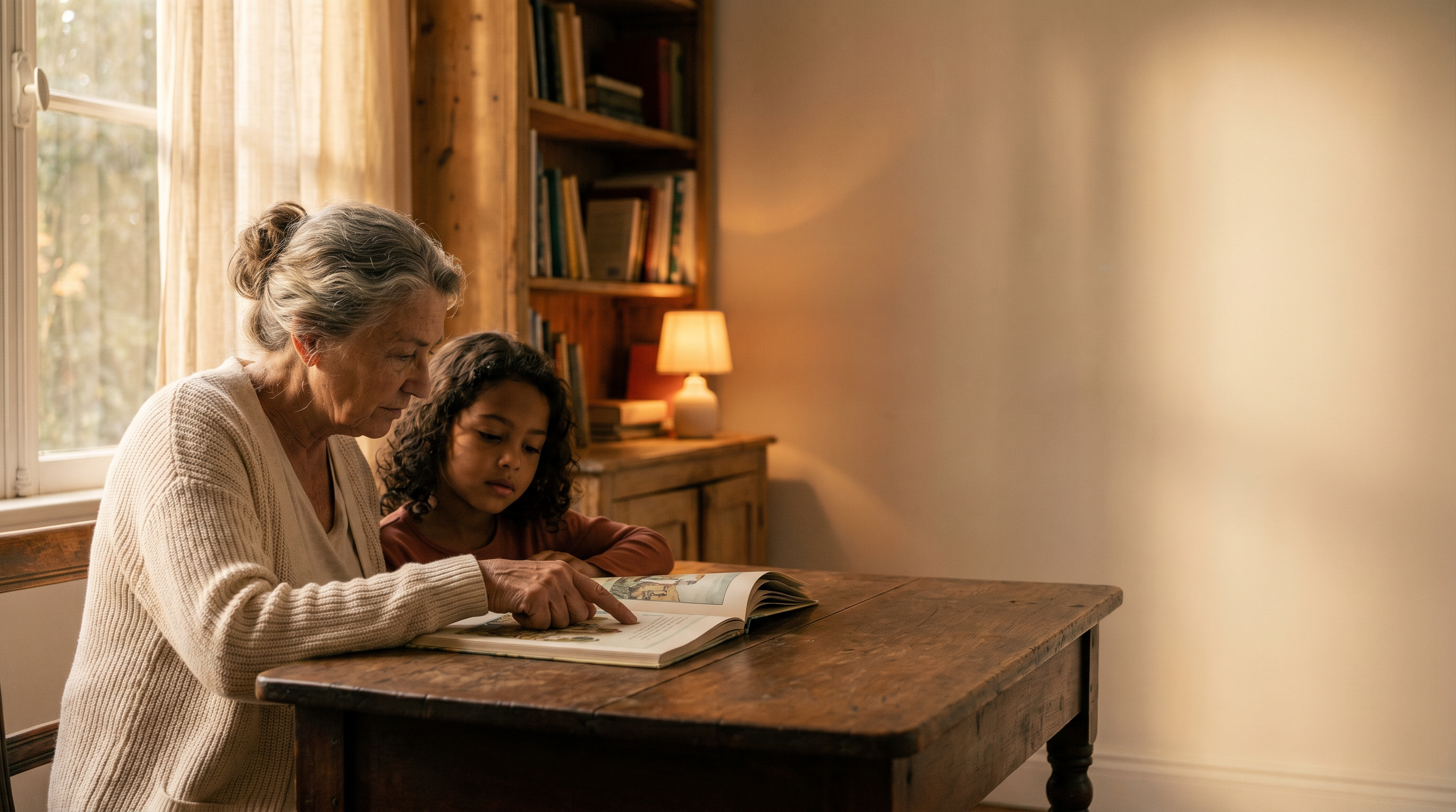 A grandmotherly teacher and a young child reading together at a sunlit wooden table.